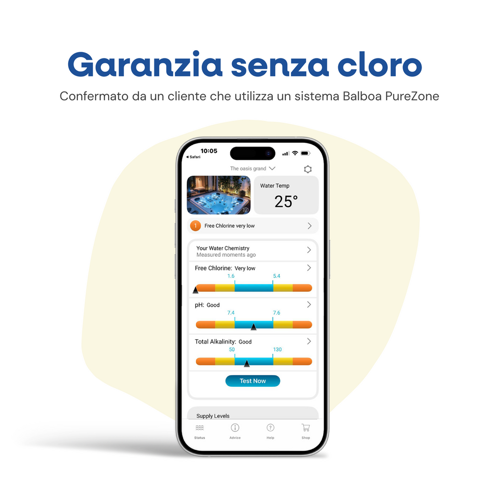 [it] Garanzia senza cloro – confermata da un cliente con sistema Balboa PureZone, l'app mostra 0 cloro libero