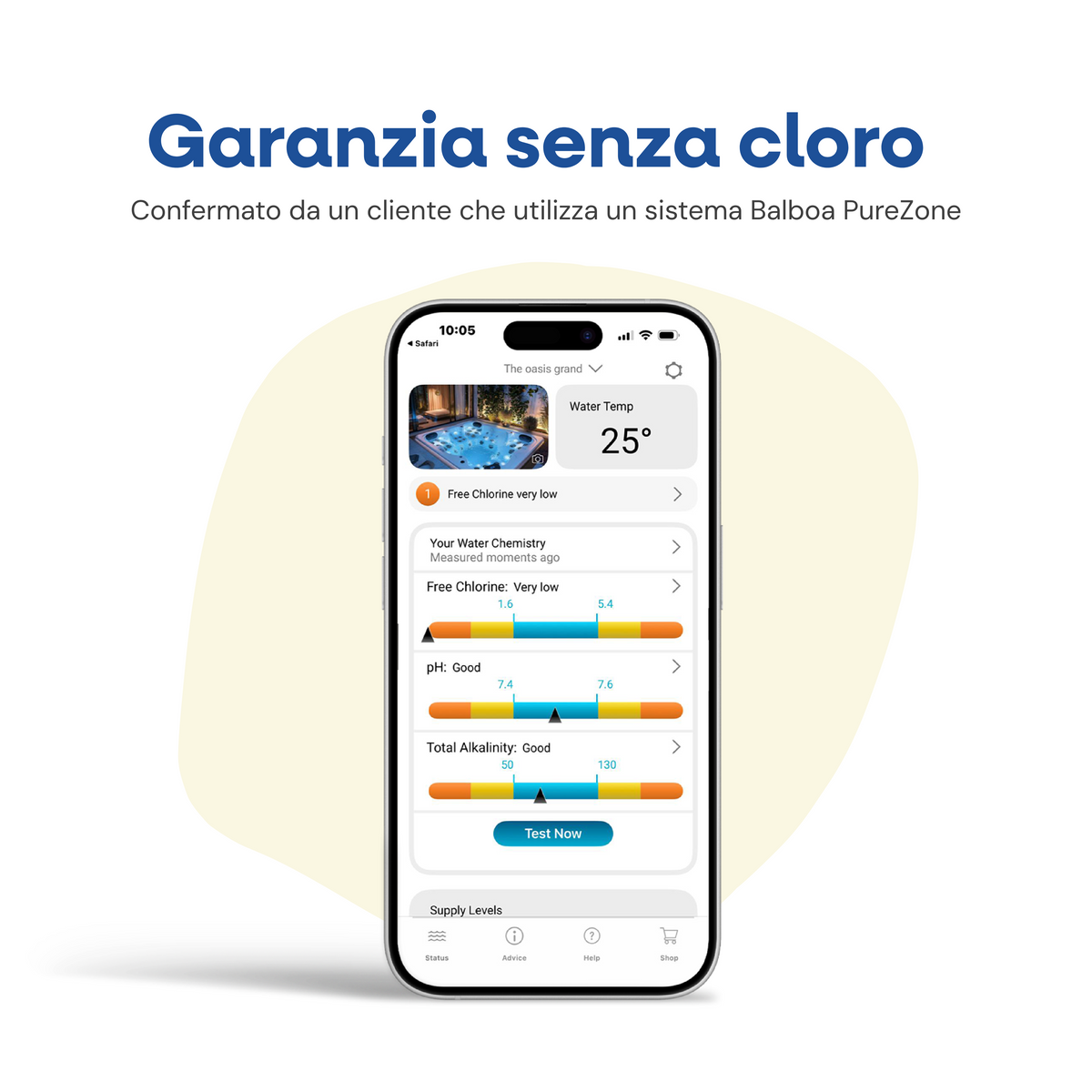 [it] Garanzia senza cloro – confermata da un cliente con sistema Balboa PureZone, l'app mostra 0 cloro libero