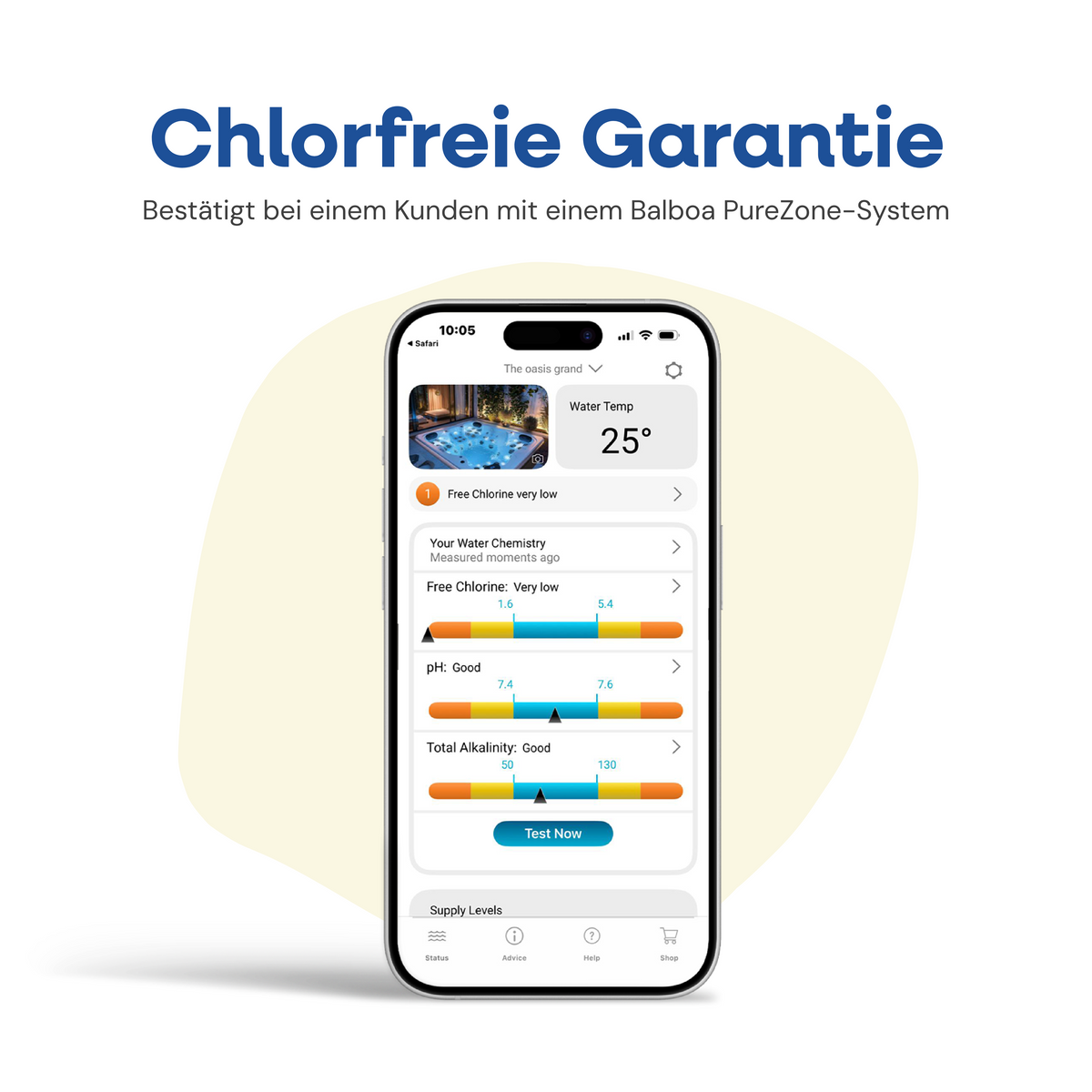 [de] Chlorfreie Garantie – bestätigt bei einem Kunden mit Balboa PureZone-System, App zeigt 0 freies Chlor